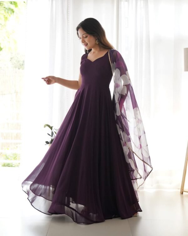 Elegant Dark Wine Georgette Gown with Dupatta Set - Image 2