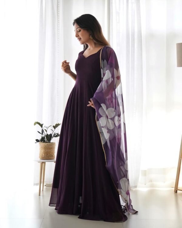 Elegant Dark Wine Georgette Gown with Dupatta Set - Image 3