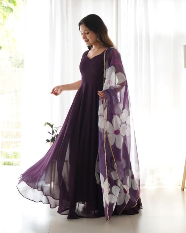 Elegant Dark Wine Georgette Gown with Dupatta Set - Image 5