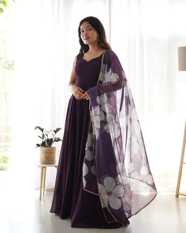 Elegant Dark Wine Georgette Gown with Dupatta Set - Image 6